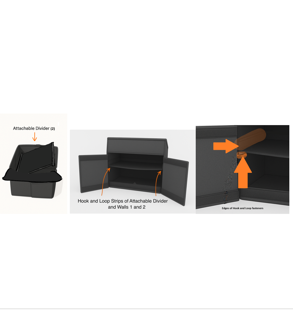 Black storage bin with attachable divider and hook and loop strips on a white background